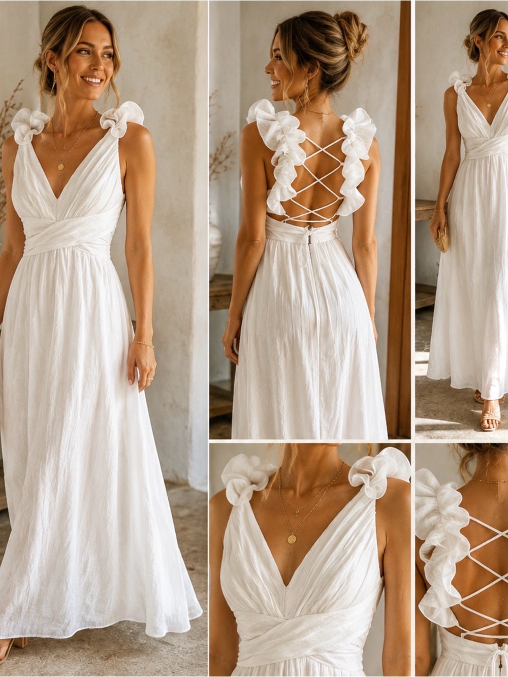 Women’s White Backless Maxi Dress with Ruffle Tie Straps